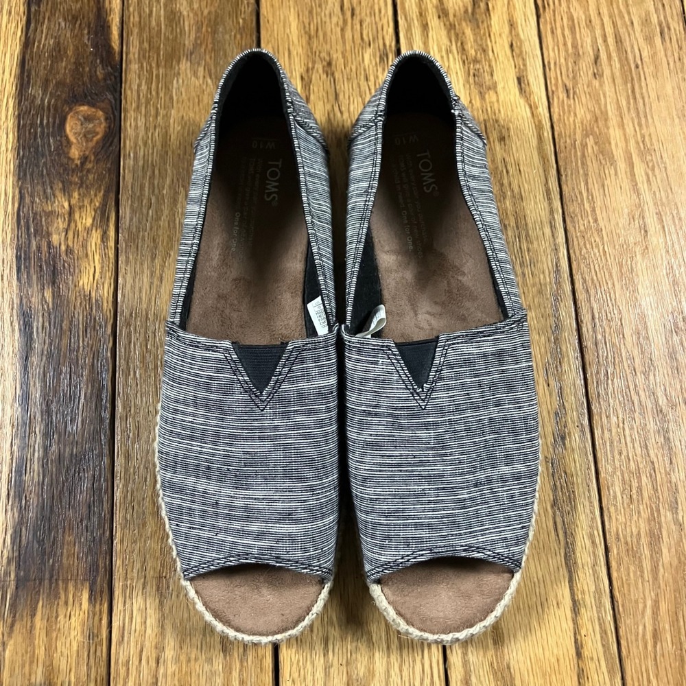 TOMS Womens 10 Peep Toe Espadrille Striped Canvas Slip On Flats Navy‎ White